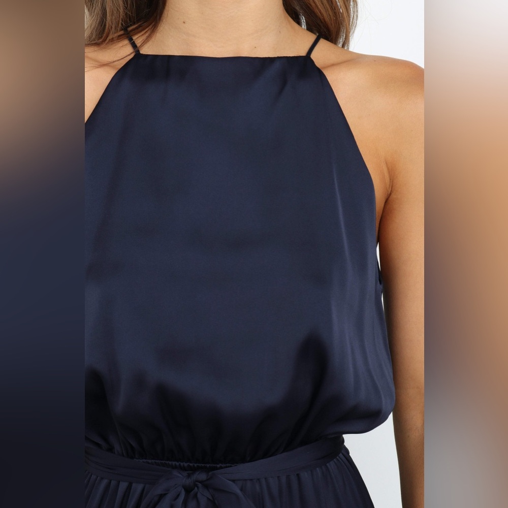 Petal & Pup Seychelle Navy Satin Asymmetrical Hem Tiered Ruffle Midi Dress - 6 - Picture 5 of 11